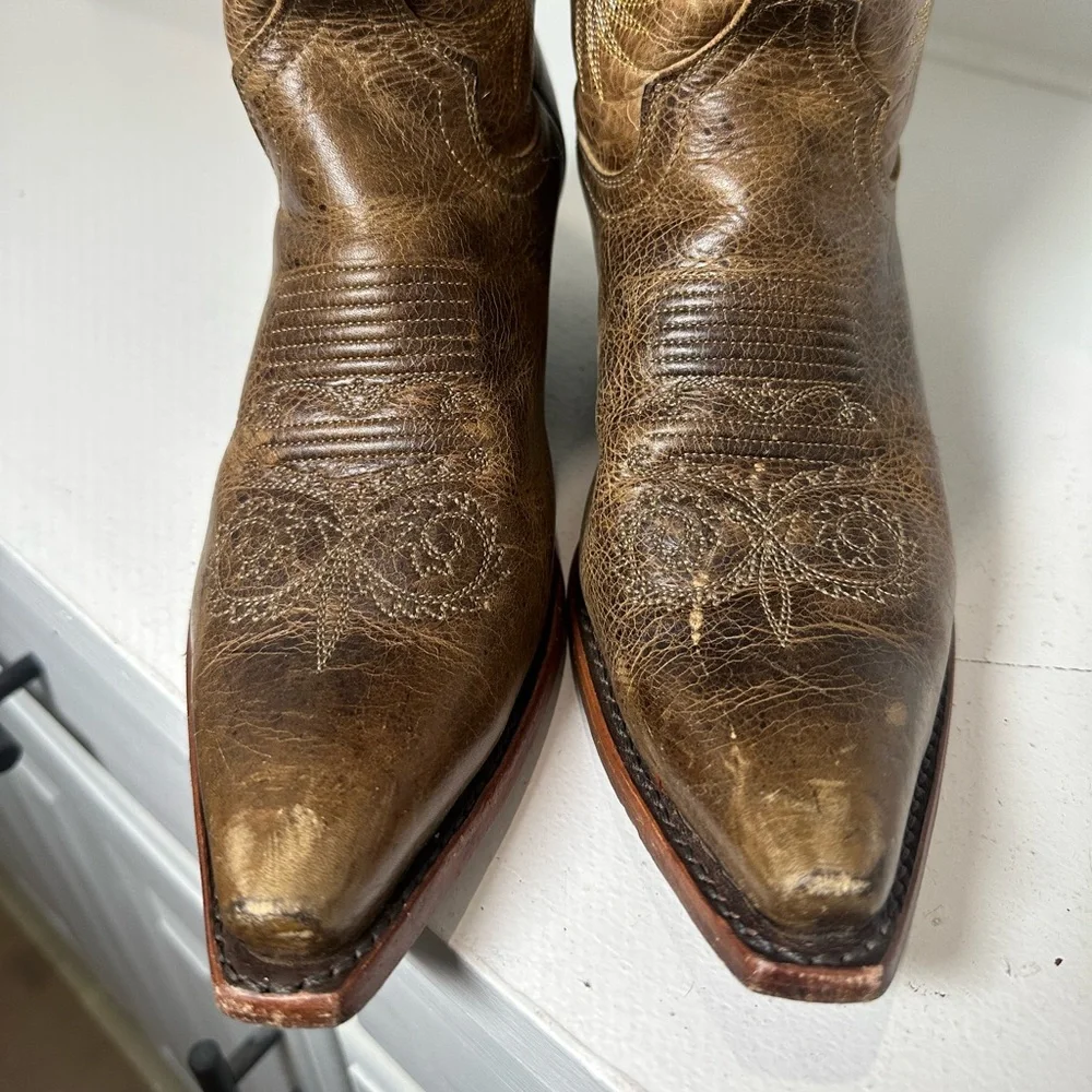 Justin Western Boots Womens 7.5B Brown Leather Cowboy Boots Embroidered Classic - Picture 3 of 8